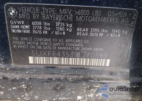 2009 BMW X5 xDrive30I z USA, uszkodzony, nr VIN 5UXFE43539L270599